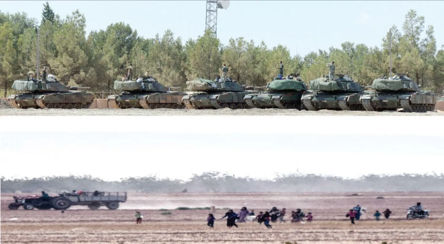 دبابات تركية على الحدود مع سوريا (أ.ب) - سوريون فارون من القتال الدائر بين القوات التركية وعناصر داعش على الحدود السورية ـــ التركية (أ.ف.ب)