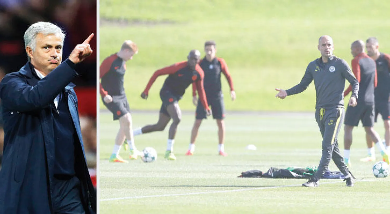 غوارديولا يقود تدريبات سيتي في انتظار أول مواجهة مع مورينهو (رويترز)  -  مورينهو يتربص بلقاء الديربي من أجل حسم القمة (رويترز)