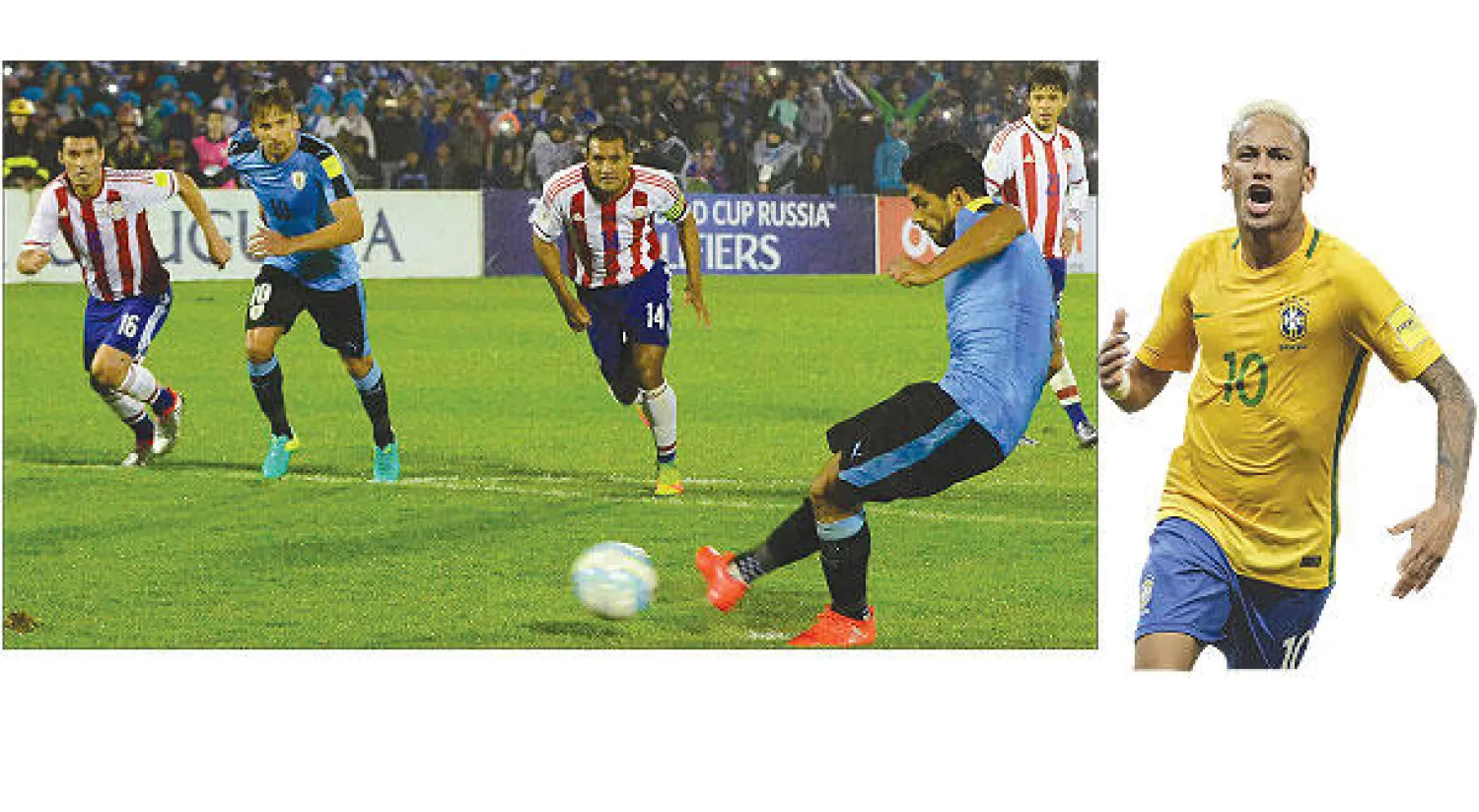 نيمار يحتفل بهدفه الذي  قاد البرازيل للفوز (إ.ب.أ) - سواريز يسجل لأوروغواي من ركلة الجزاء في مرمى باراغواي (أ.ف.ب)