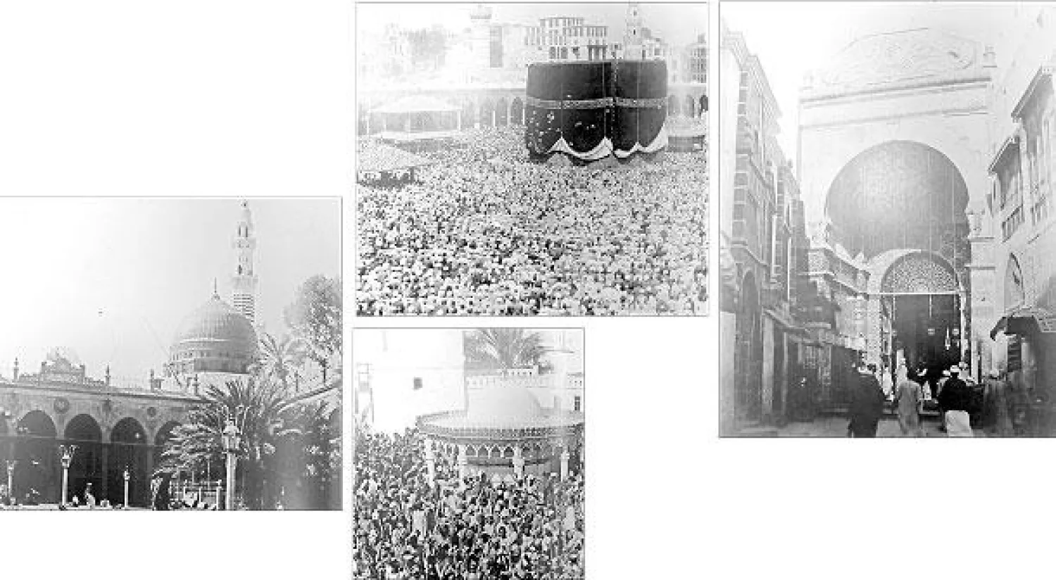باب السلام في المسجد النبوي 1904 - صورة للبيت الحرام 1904 ({الشرق الأوسط}) - صورة التقطها محمد أفندي تظهر فقراء من الحجاج وأهل المدينة بانتظار الحصول على طعام - صورة التقطها أفندي عام 1904 لباحة المسجد النبوي