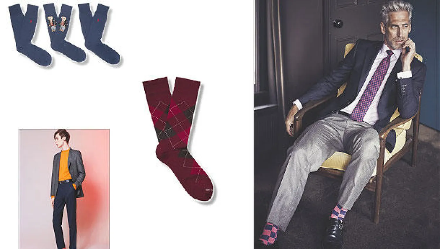 جوارب بنقوش التارتان الاسكوتلندي من «ماركولياني» - يمكن أن تضخ جوارب بنقوش وألوان مظهرًا كلاسيكيًا فتضفي عليها أناقة عصرية بسهولة (من اقتراحات توماس بينك) - جوارب بنقوش مرحة من ماركة «بولو رالف لورين» - من عرض المصمم بول سميث