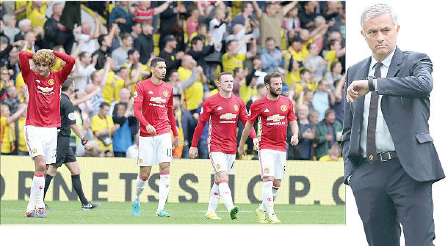 لا مجال أمام مورينهو لإهدار الوقت في يونايتد  - آثار الهزيمة على وجوه لاعبي يونايتد بعد مباراة واتفورد (أ.ب) (رويترز)