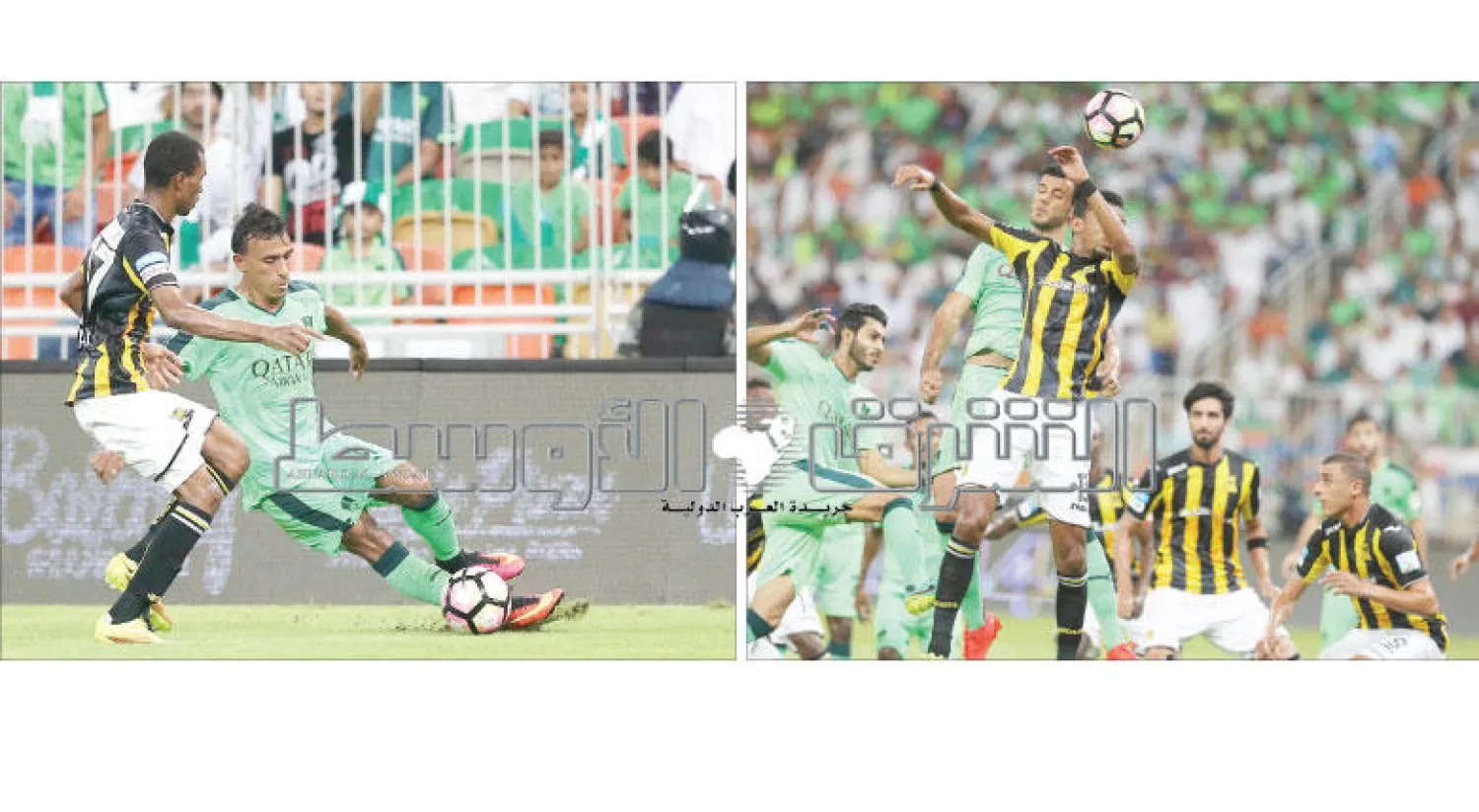 عمر السومة في إحدى المحاولات الهجومية للاهلي (تصوير: عدنان مهدلي) - صراع على الكرة بين عبد الشافي من الأهلي وعوض خريص من الاتحاد (تصوير: عدنان مهدلي)