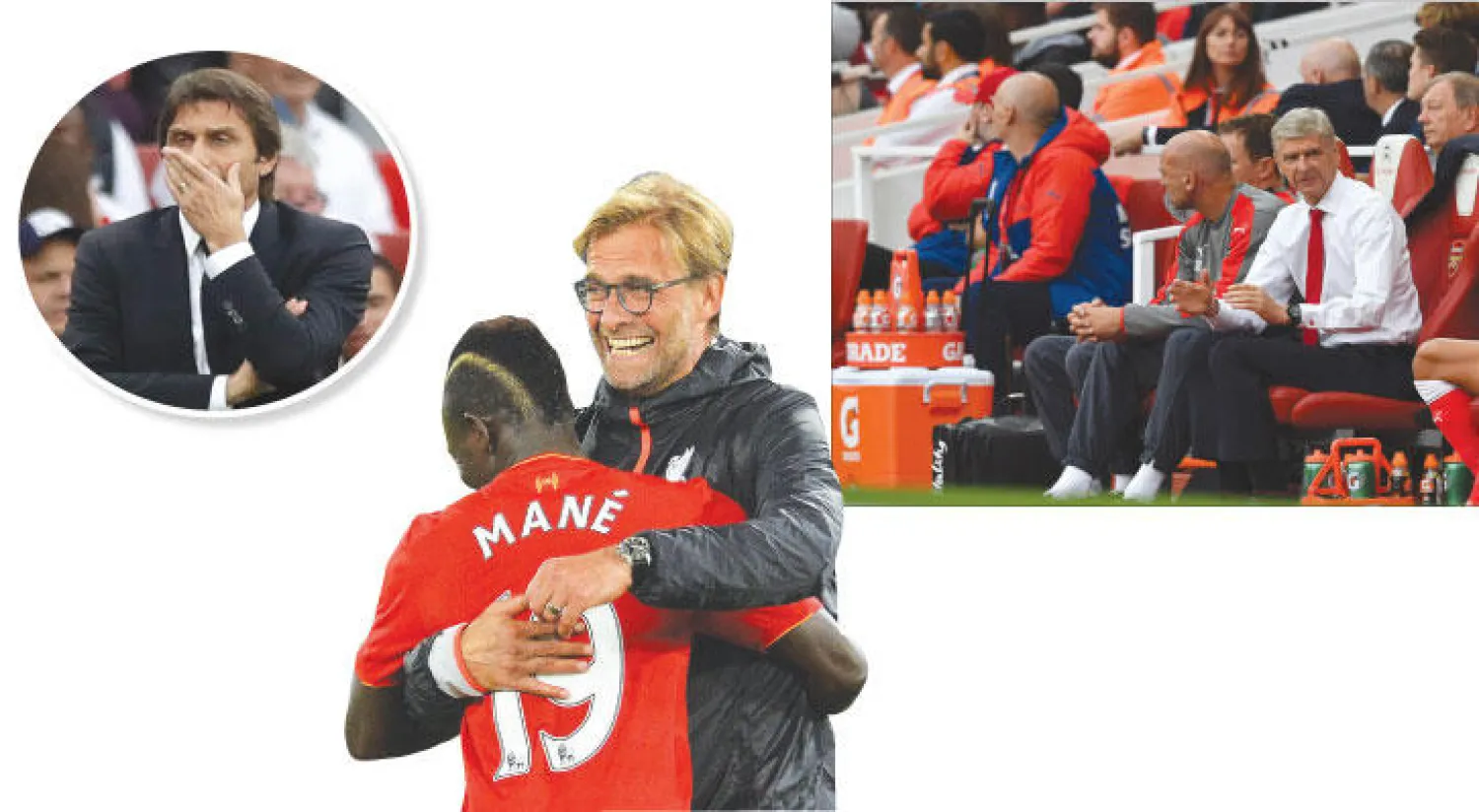 فينغر يجلس منتشيًا على مقاعد بدلاء آرسنال وهو يتابع انتصار فريقه على تشيلسي (أ.ف.ب) - كونتي مصدوم من مستوى لاعبي تشيلسي (أ.ب) - كلوب مدرب ليفربول يشارك مهاجمه ماني الاحتفال (أ.ف.ب)