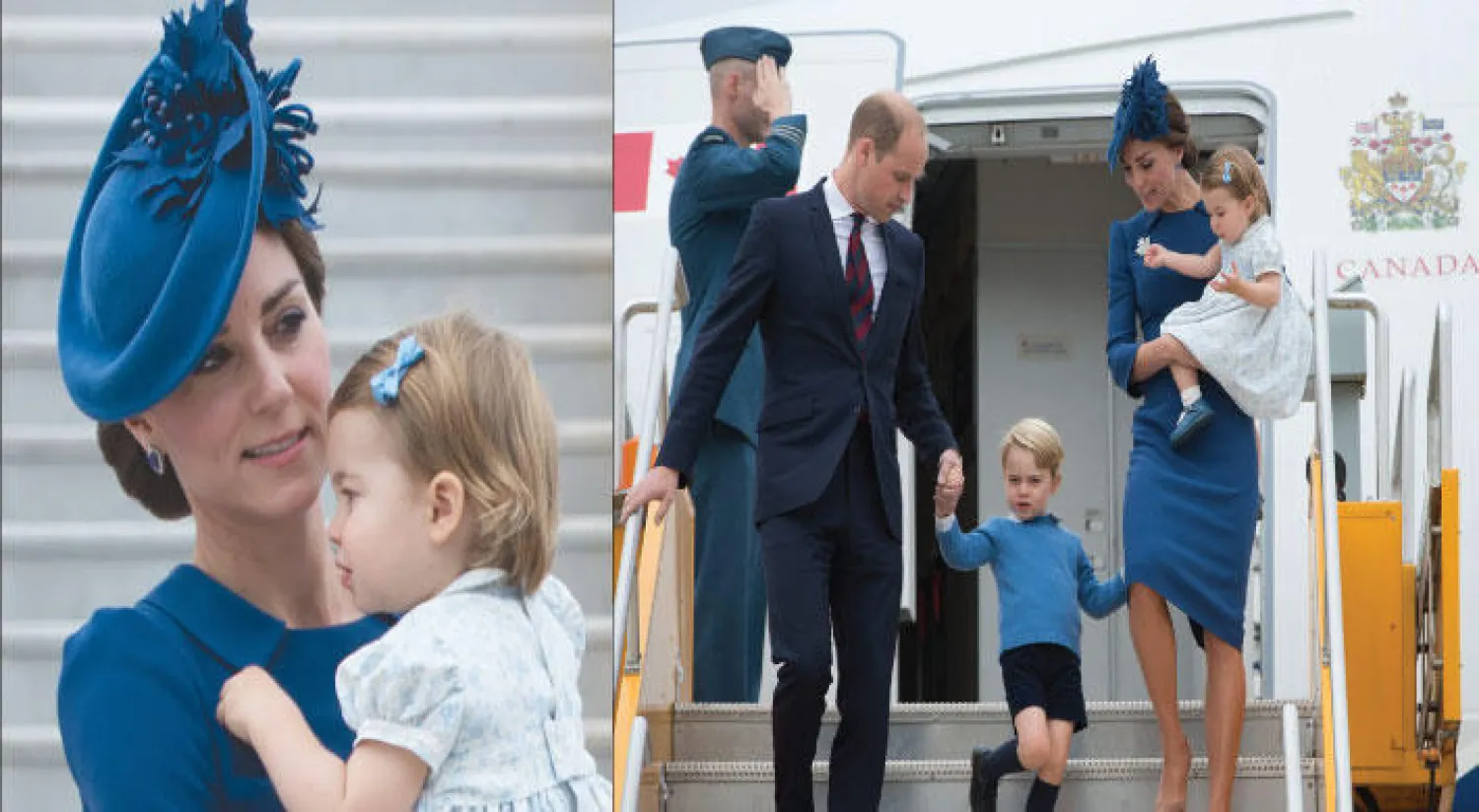 دوق ودوقة كامبردج الأمير وليام وزوجته كايت مع الأمير جورج والأميرة تشارلوت عند وصولهم إلى كندا أول من أمس  (أ.ب)