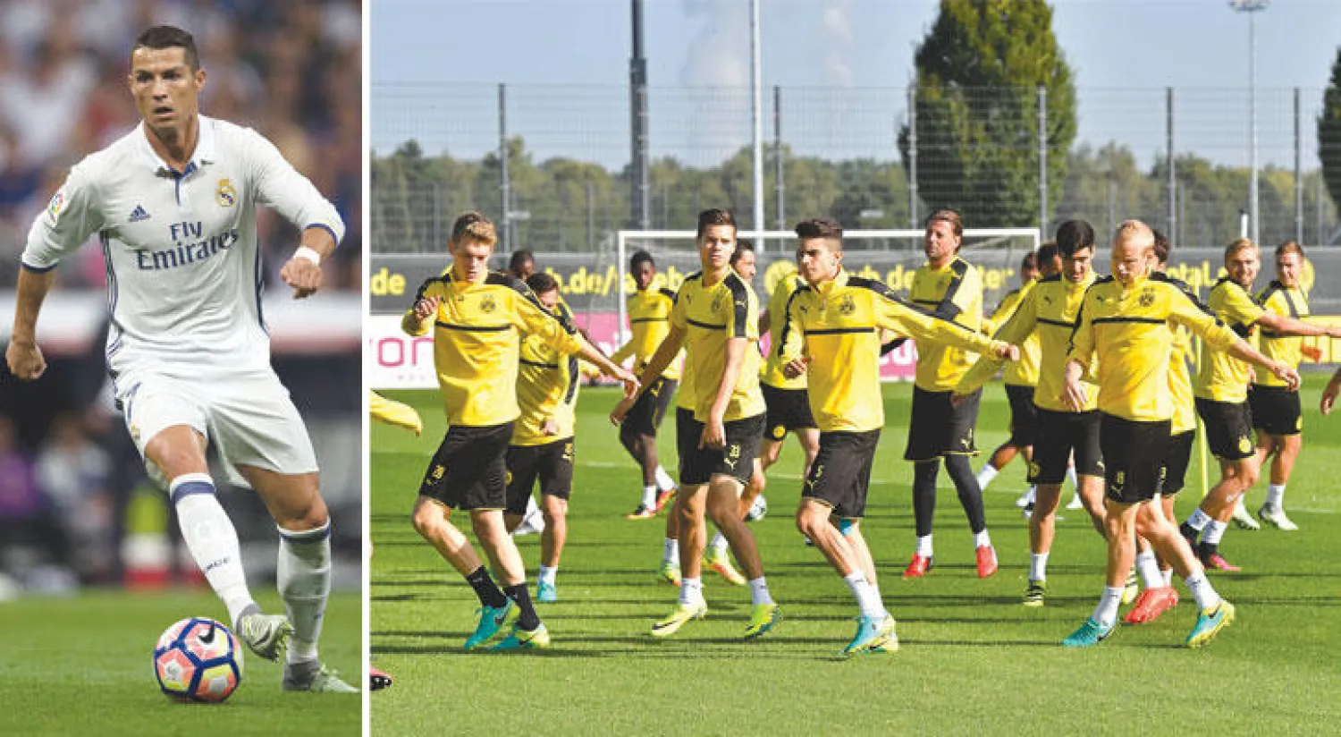 لاعبو دورتموند خلال التدريبات أمس استعدادًا لموقعة ريـال مدريد (أ.ب)  -  رونالدو يحمل على عاتقه قيادة الريـال للفوز (أ.ب)