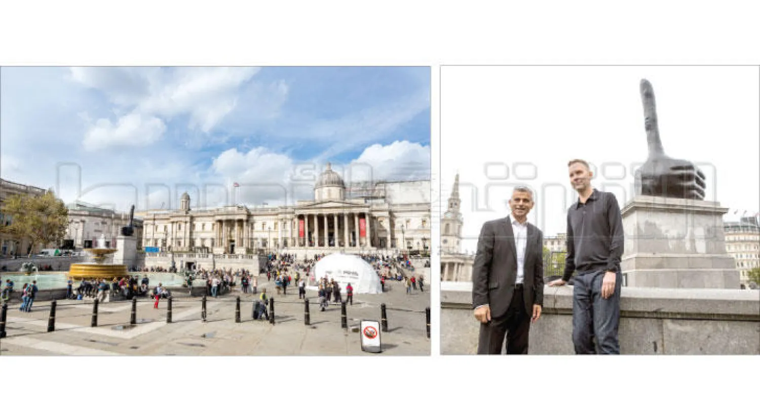 عمدة لندن صديق خان يحضر حفل إطلاق التمثال الجديد للفنان ديفيد شريغلي في ميدان الطرف الأغر أمس (تصوير: جيمس حنا) - ميدان «ترافلغر سكوير» شيد عام 1840 لإحياء ذكرى معركة تاريخية 
بين فرنسا والإمبراطورية البريطانية (تصوير: جيمس حنا)