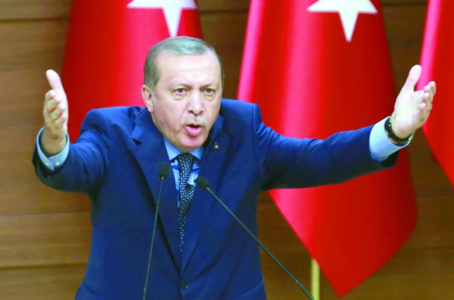 الرئيس التركي طيب إردوغان يلقي خطابا في بالمخاتير في أنقرة أمس (أ.ف.ب)