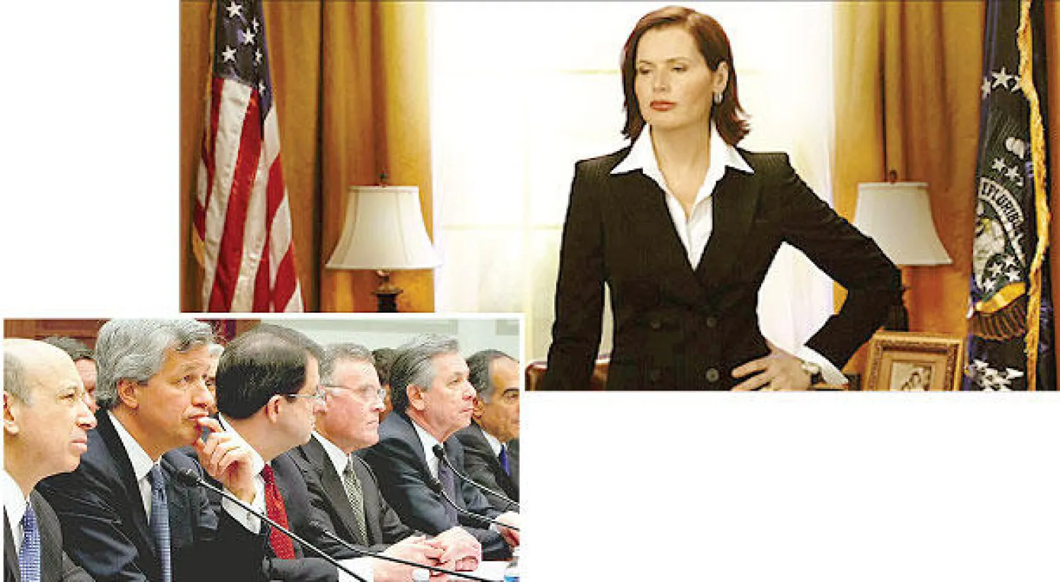 جينا ديفيز في دور رئيس الجمهورية في مسلسل «رئيس الأركان». -  لقطة من الفيلم التسجيلي «عملية داخلية»