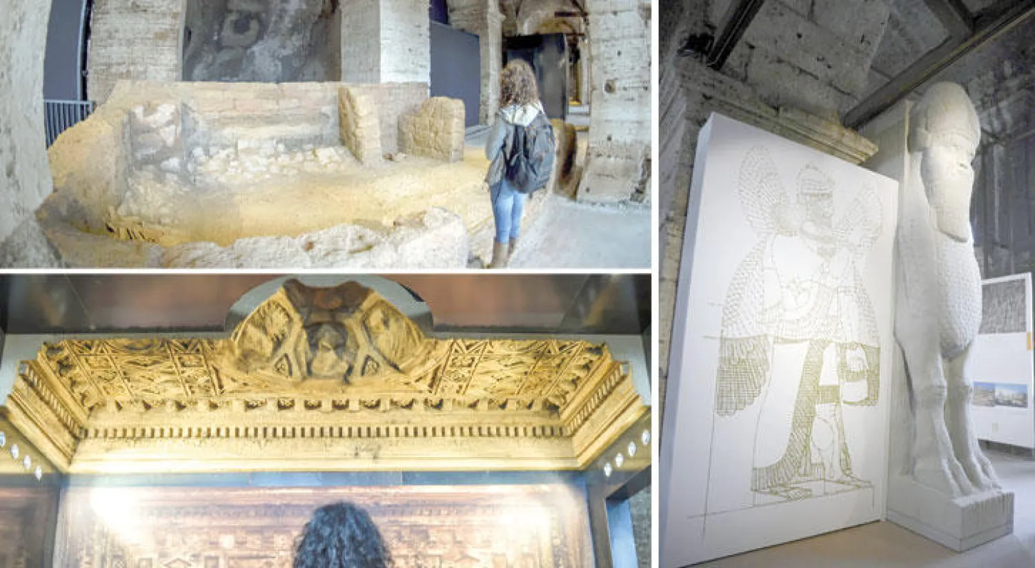 تمثال «ثور نمرود» العراقي في الكولوسيوم بروما (إ.ب.أ)  -  جانب من قاعة أرشيف إبلا السورية التي تعرض بروما ضمن معرض «البعث من الدمار» (أ.ف.ب)  -  زائر يتأمل نموذج سقف معبد بل من تدمر الذي يعرض في متحف الكولوسيوم بروما (أ.ف.ب)