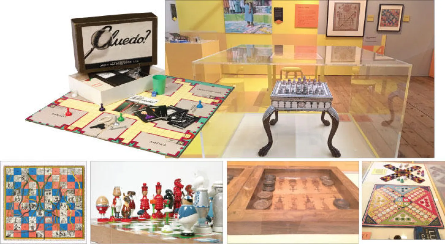 جانب من معرض { ألعاب الطاولة} في متحف الطفولة بلندن ({الشرق الأوسط}) - من الألعاب المعروضة - لعبة {كودو} (الصورة من متحف فيكتوريا أند فيكتوريا) - لعبة الطاولة التي تطورت عن لعبة {أور الملكية} - لعبة شطرنج بشخصيات {أليس من بلاد العجائب}  (متحف فيكتوريا أند ألبرت) - نسخة من القرن التاسع عشر للعبة السلم والثعبان (متحف فيكتوريا أند ألبرت)  ({الشرق الأوسط})