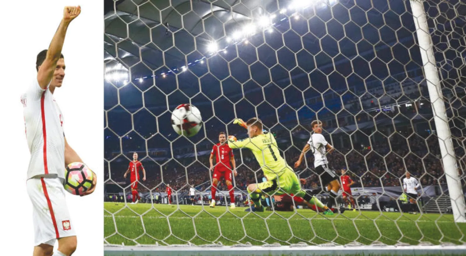 مولر نجم ألمانيا (في الوسط) يسجل في مرمى التشيك (رويترز) - ليفاندوفسكي نجم بولندا يحتفل بثلاثيته في مرمى الدنمارك (إ.ب.أ)