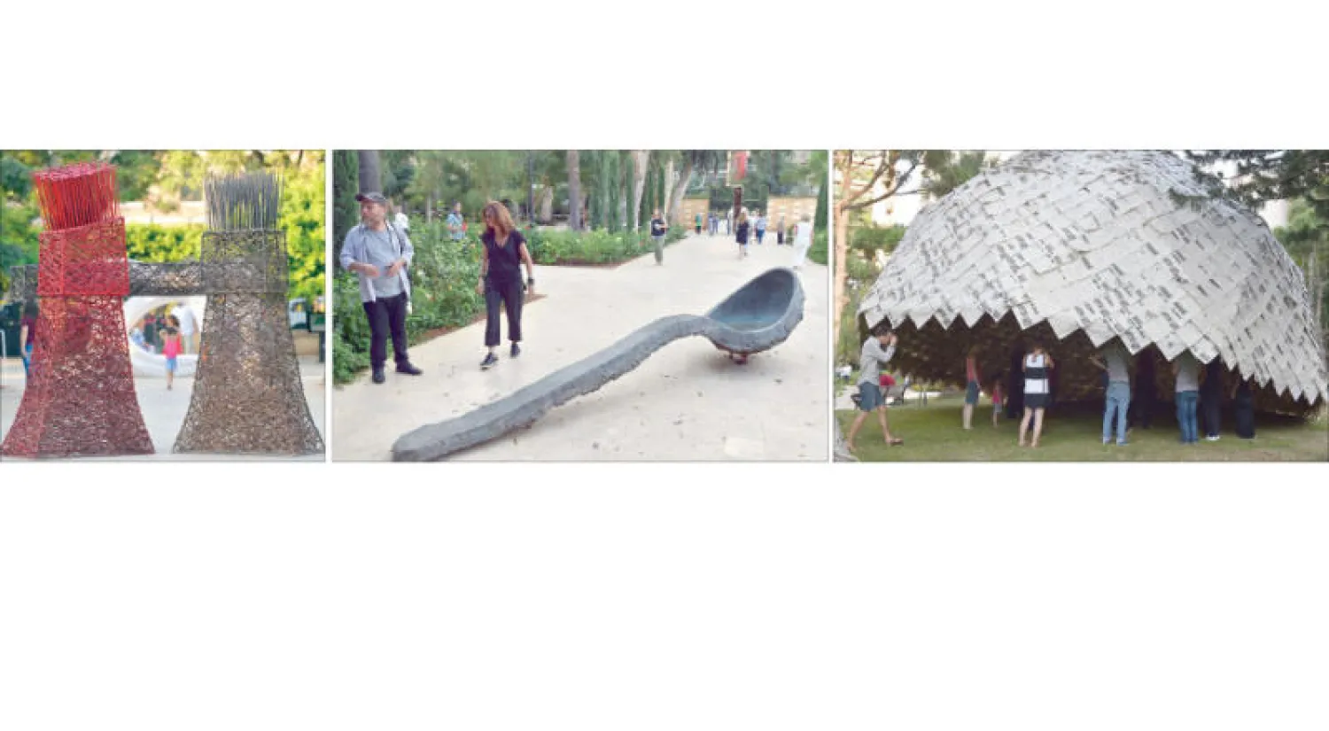 «القبّة» منحوتة شارك في إنجازها ثلاثة مهندسين فرنسيين في معرض «صمود وإصرار» المقام بحديقة الصنائع ببيروت - «الملعقة» البرونزية للفنان توماس هوسياغو (إ.ب.أ) - عمل للفنانة نانسي دبس حداد يرمز لوحدة اللبنانيين رغم اختلاف مذاهبهم وأطيافهم (إ.ب.أ)