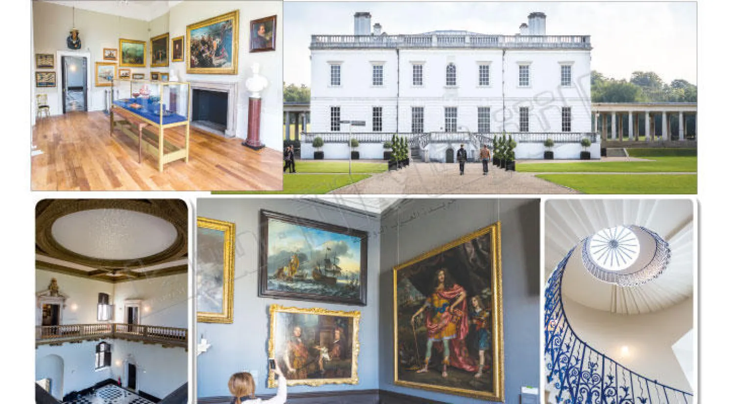 «منزل الملكة» صممه المهندس إنديغو جونز ليكون المبنى الأول في إنجلترا ذو طابع  معماري مستلهم من قصور إيطاليا (تصوير: جيمس حنا) - سلالم المنزل الحلزونية  الهمها معمار الفاتيكان - القصر الملكي تحول إلى متحف تعرض جدرانه أهم الأعمال الفنية - القاعة الكبرى يتزين سقفها بـ{الفراشات المذهبة» لريتشارد رايت - تحف فنية من المجموعة الملكية