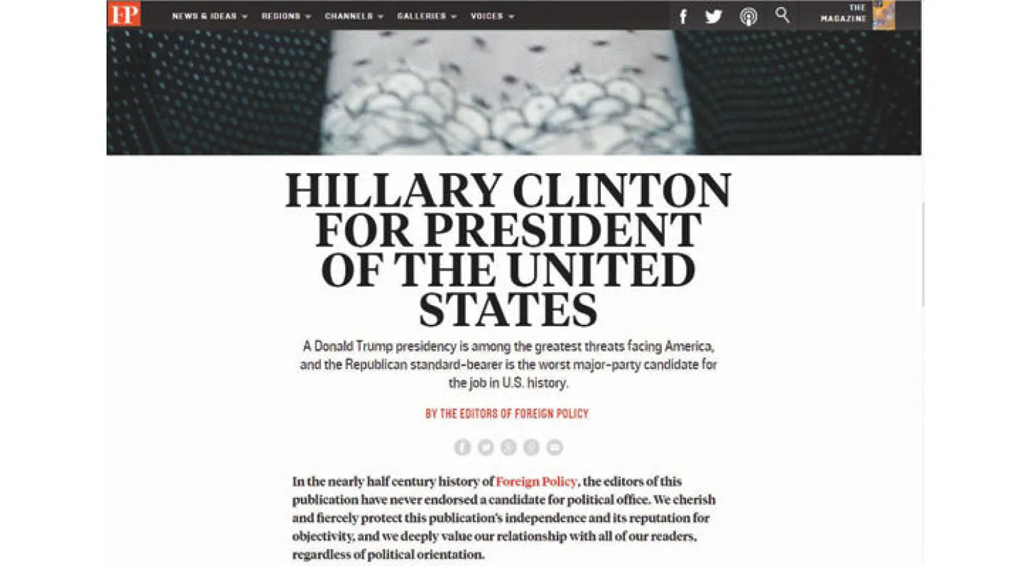 مجلة «فورين بوليسي» تخرج عن حيادها وتدعم كلينتون رئيسة