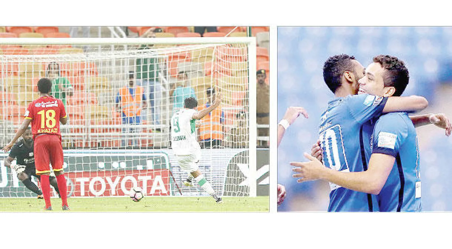 لاعبو الهلال يحتفلون بأحد أهدافهم في الفيصلي  - السومة لدى تنفيذه ركلة الجزاء التي جاء منها هدف الأهلي الأول (تصوير: عدنان مهدلي)