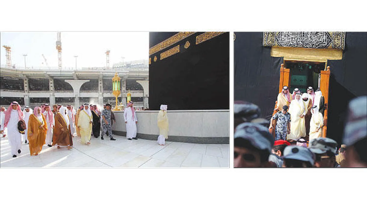 الأمير خالد الفيصل أمير منطقة مكة المكرمة أثناء نزوله عبر سلم خاص لباب الكعبة المشرفة  التي تشرف أمس بغسلها نيابة عن خادم الحرمين الشريفين.. ومع حشد من المشاركين يطوفون بالبيت العتيق (تصوير: أحمد حشاد)