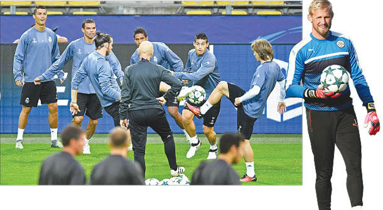 لاعبو ريال مدريد خلال التدريبات استعدادًا لمواجهة ليجيا وارسو (أ.ب) - شمايكل حارس ليستر مطالب باليقظة أمام كوبنهاغن (رويترز)