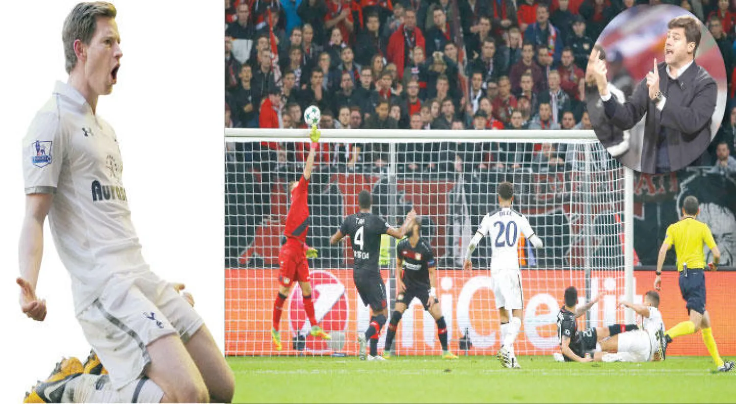 بوكيتينو مدرب توتنهام القدير (أ.ف.ب) -  فرص كثيرة ضاعت من توتنهام أمام باير ليفركوزن كانت كفيلة بمنحه النقاط الثلاث (رويترز) - مدافع توتنهام البلجيكي فيرتونغن («الشرق الأوسط»)