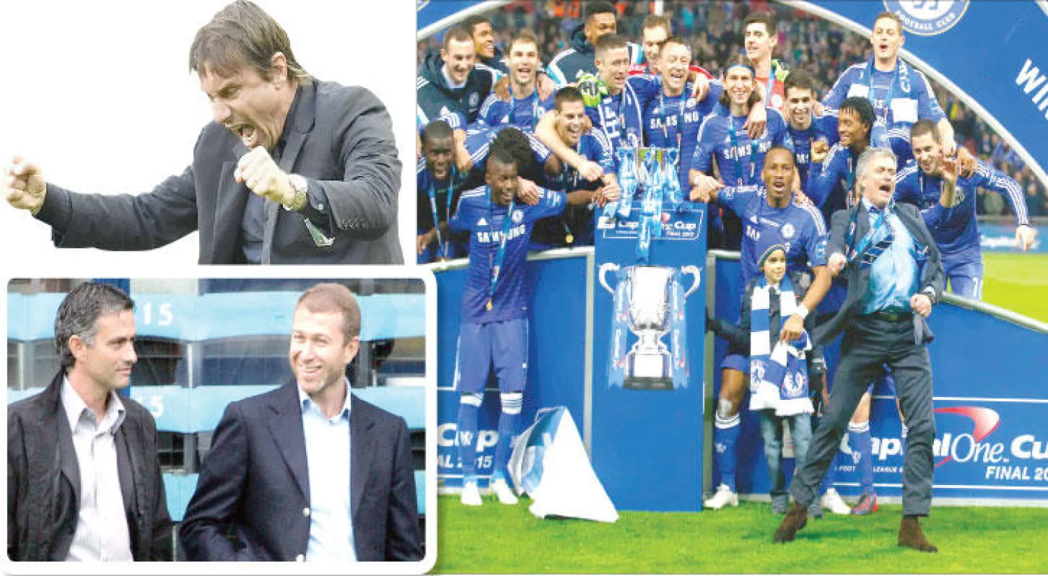 جماهير تشيلسي لن تنسى أمجاد فريقها مع مورينهو («الشرق الأوسط») - كونتي بدأ يضع لمساته على «قلعة ستافورد بريدج» ليمحو بصمات مورينهو («الشرق الأوسط») - مورينهو وأبراموفيتش وأيام كانت العلاقات وطيدة («الشرق الأوسط»).