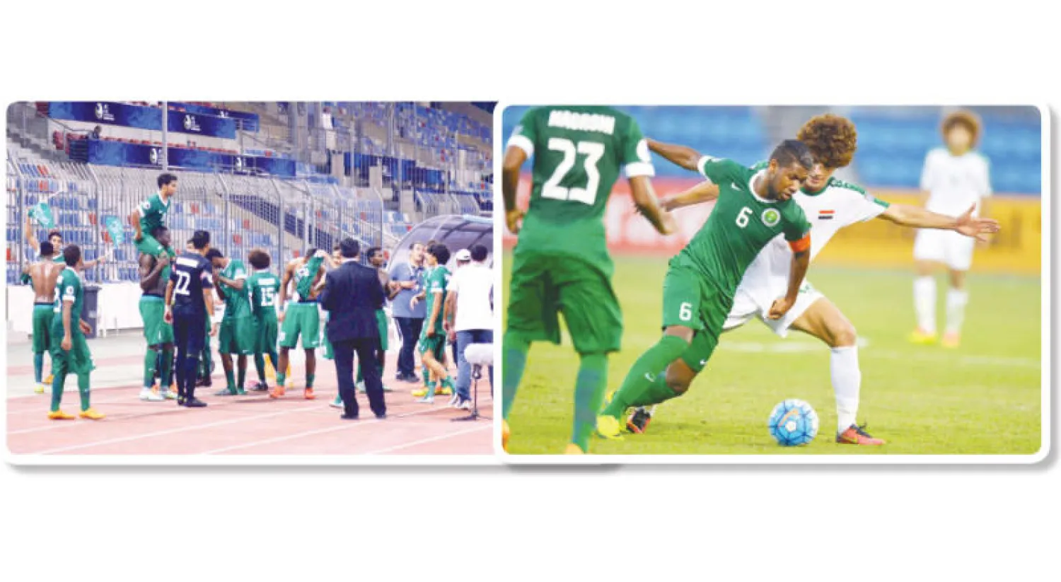 جانب من المواجهة التي جمعت المنتخب السعودي بنظيره العراقي أمس في البحرين («الشرق الأوسط») - لاعبو المنتخب السعودي للشباب يحتفلون بتأهلهم للمونديال («الشرق الأوسط»)