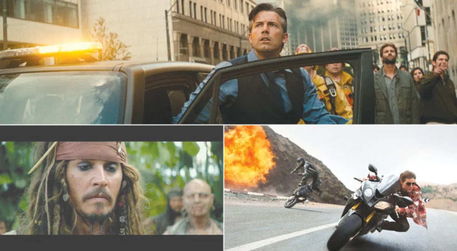 بن أفلك كما بدا في «باتمان ضد سوبرمان»  -  توم كروز بطل سلسلة أفلام «مهمة: مستحيلة»  -  جوني دب في الجزء الأخير من «قراصنة الكاريبي»