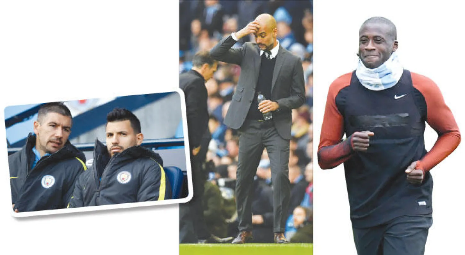 توريه أصبح خارج حسابات غوارديولا (أ.ف.ب)  -  غوارديولا يواجه الأيام الصعبة في سيتي (أ.ف.ب)  -  أغويرو وكولاروف على مقاعد البدلاء (رويترز)
