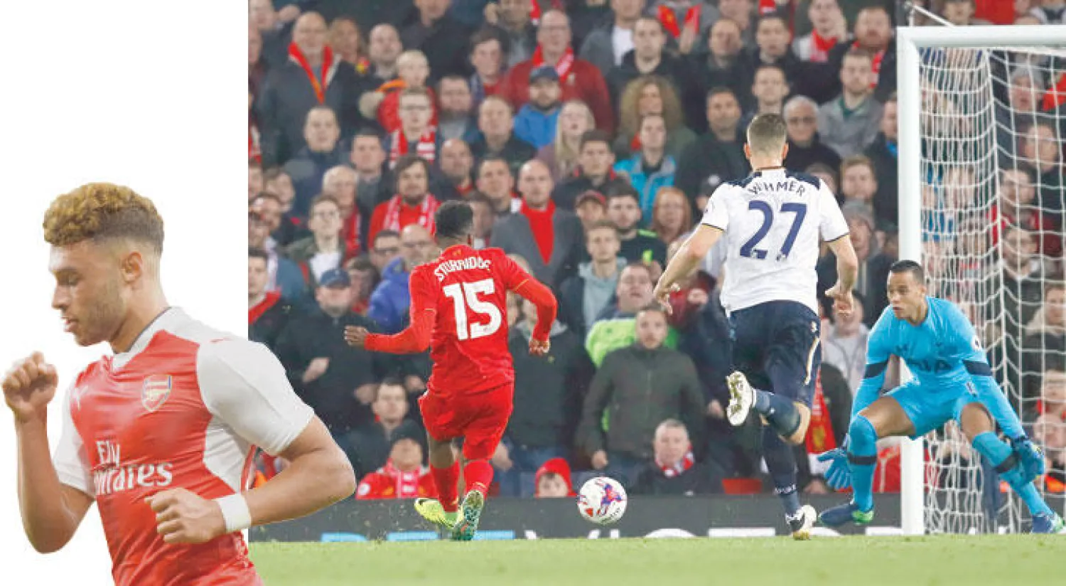 ستوريدج مهاجم ليفربول (يسار) يسجل ثاني أهدافه في مرمى توتنهام (رويترز)  -  تشامبرلين أكد أنه يستحق مكانًا أساسيًا في آرسنال (رويترز)