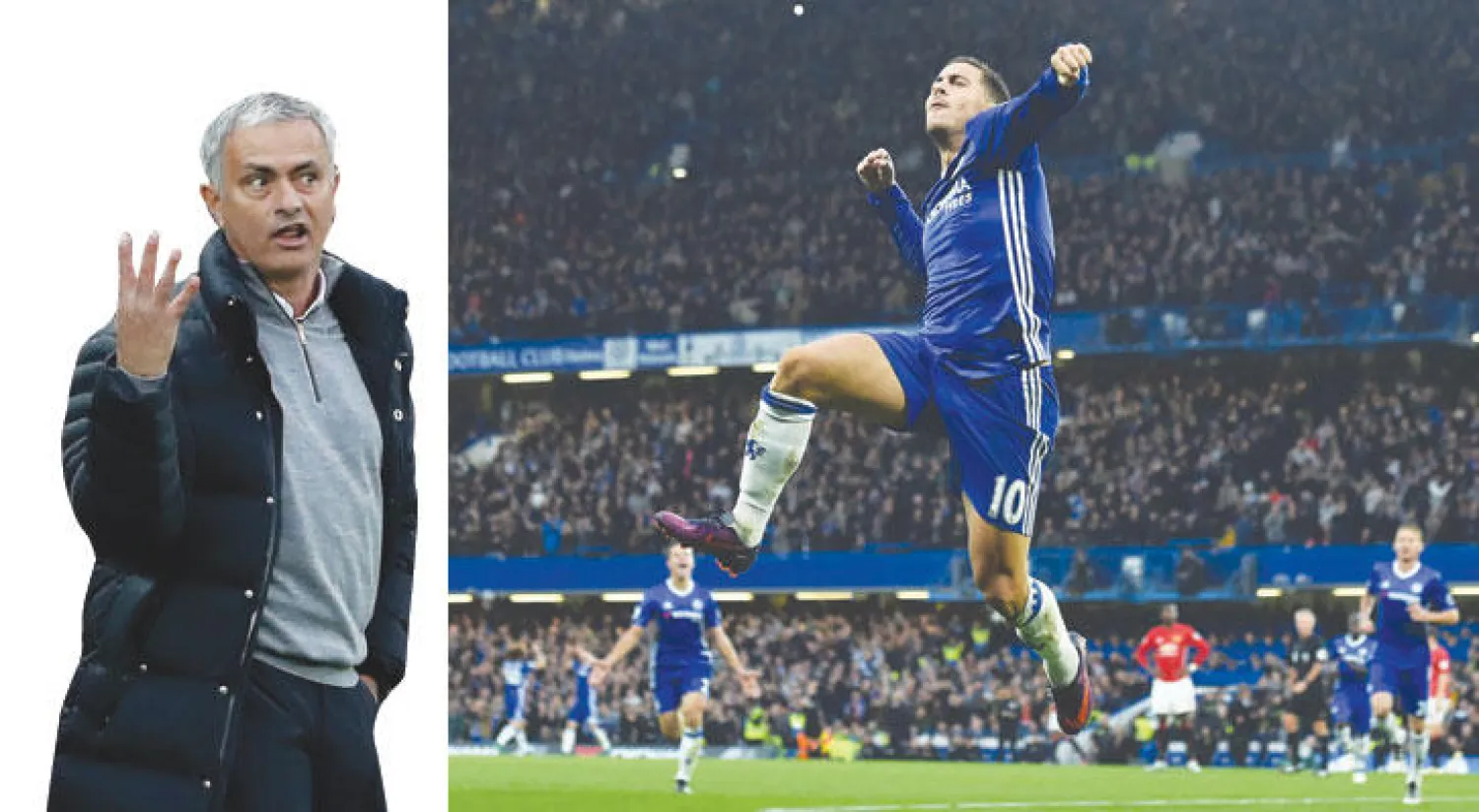 هازار نجم تشيلسي يقفز احتفالاً بهدفه في مرمى ساوثهامبتون (أ.ف.ب)  -  مورينهو أعرب عن غضبه فتم طرده من الملعب (رويترز)