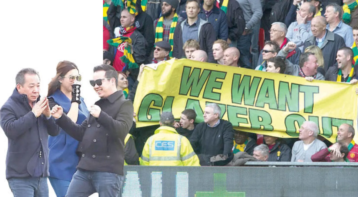 جماهير يونايتد تتظاهر ضد عائلة غليزر المالكة للنادي («الشرق الأوسط»)  -  مالك ليستر  التايلاندي  فيتشاي سريفادهانابرابها (يسار) يشاهد ناديه يحصد لقب الدوري الإنجليزي مع عائلته («الشرق الأوسط»)