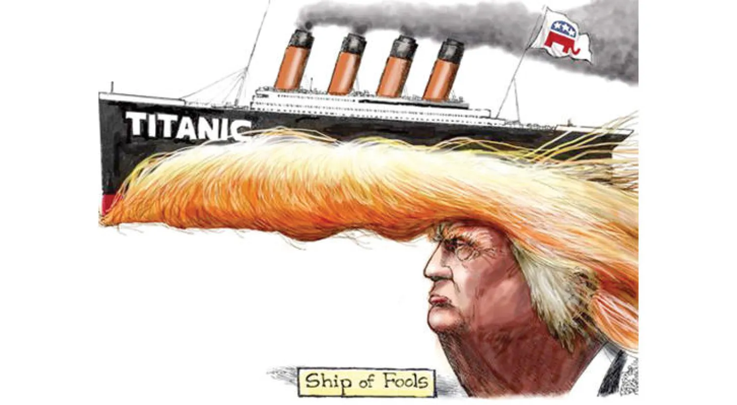 كاريكاتير ستيفن بينسون يصور ترامب مثل سفينة تيتانيك نشر في عدد من الصحف الأميركية