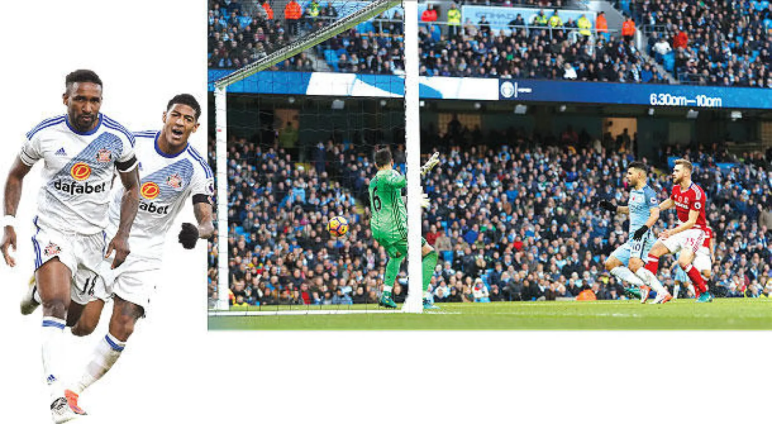 أغويرو يفتتح التهديف أمام ميدلسبره  - ديفو يحتفل مع  فان آنهولت بهدف سندرلاند الثاني (رويترز)