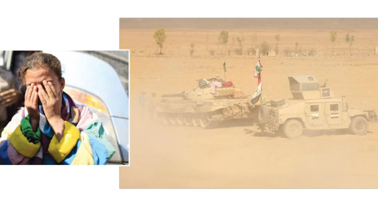 جانب من مواجهة بين القوات العراقية ومسلحي «داعش» في منطقة علي رش جنوب شرقي الموصل أمس (رويترز) - فتاة هاربة من حي الانتصار في الساحل الأيسر للموصل تبكي بعد وصولها أمس إلى مقر القوات العراقية شرق المدينة (رويترز)