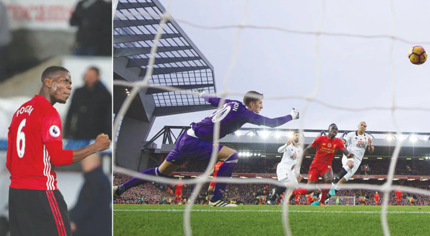 سيدو ماني نجم ليفربول يتابع تسديدته وهي في طريقها إلى مرمى واتفورد (إ.ب.أ)  -  بوغبا يحتفل بهدفه الرائع في مرمى سوانزي (أ.ف.ب)