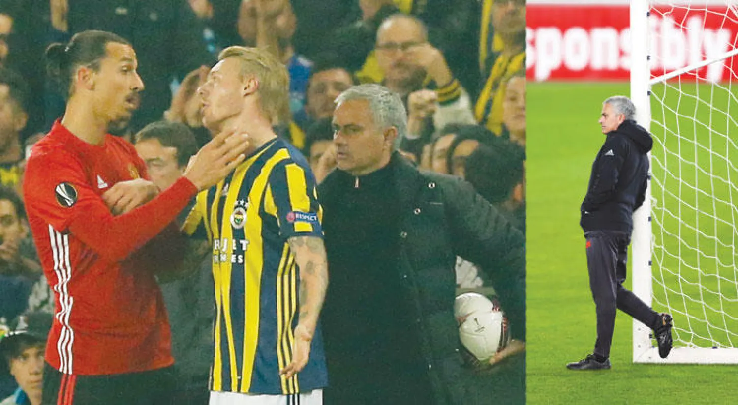 مورينهو يخشى أن يتكرر ما حدث له مع تشيلسي وريـال مدريد في مانشستر يونايتد (إ.ب.أ)  -  عصبية إبراهيموفيتش مع لاعب فناربغشة كانت تعبيرًا عن حالة القلق في يونايتد (رويترز)