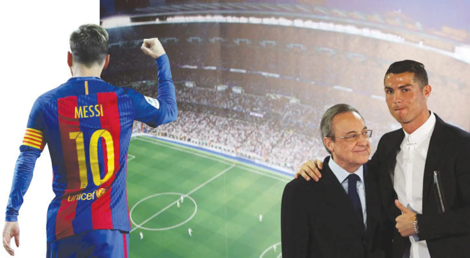 رونالدو مع بيريز رئيس الريـال بعد حفل تمديد التعاقد أمس (رويترز)  -  ميسي يحتفل بهدفه في مرمى إشبيلية (رويترز)