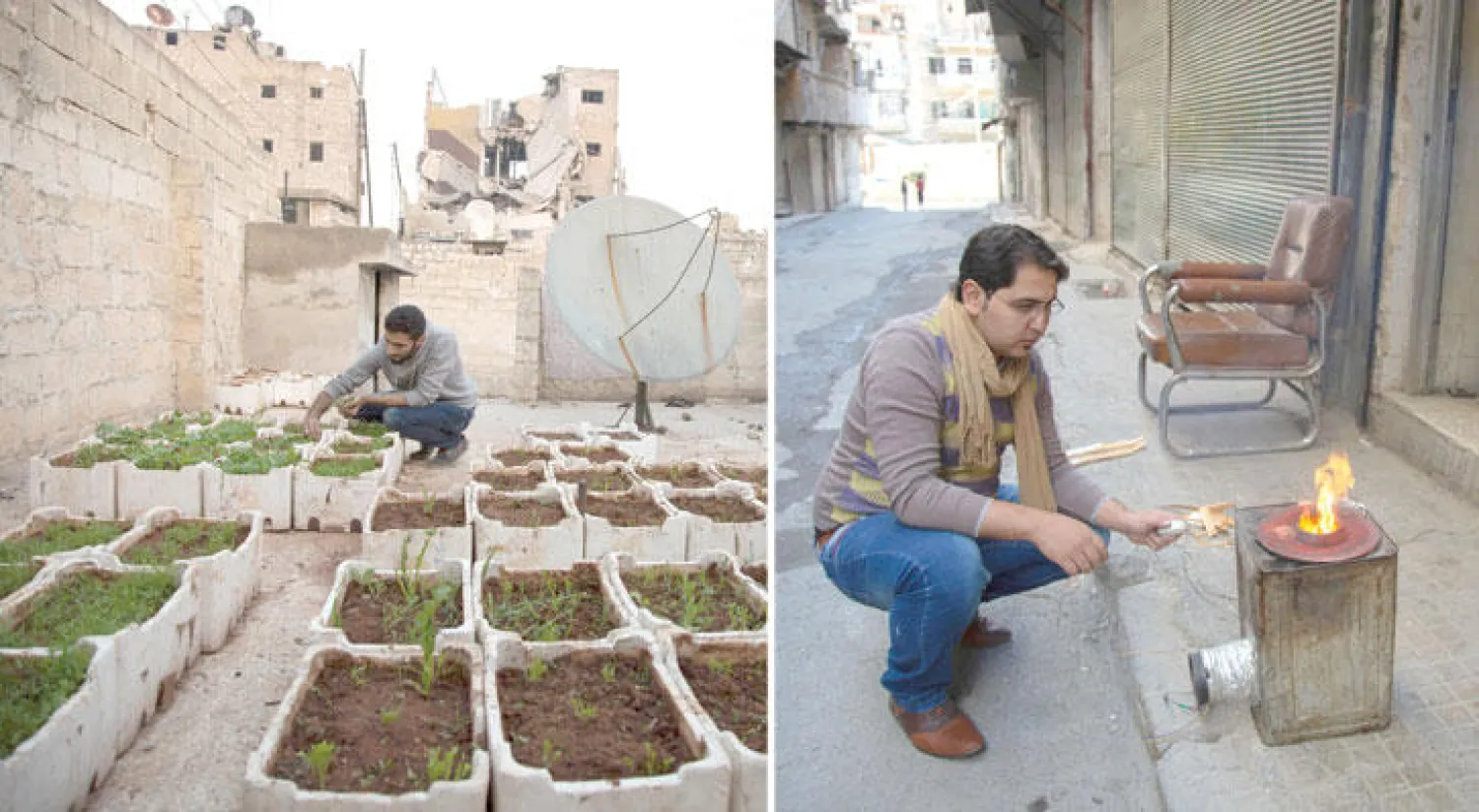 خالد يستخدم مواقد تعمل بالغاز (أ.ف.ب)  -  أمير سندة يزرع البقدونس والفجل في سطح المنزل (أ.ف.ب)
