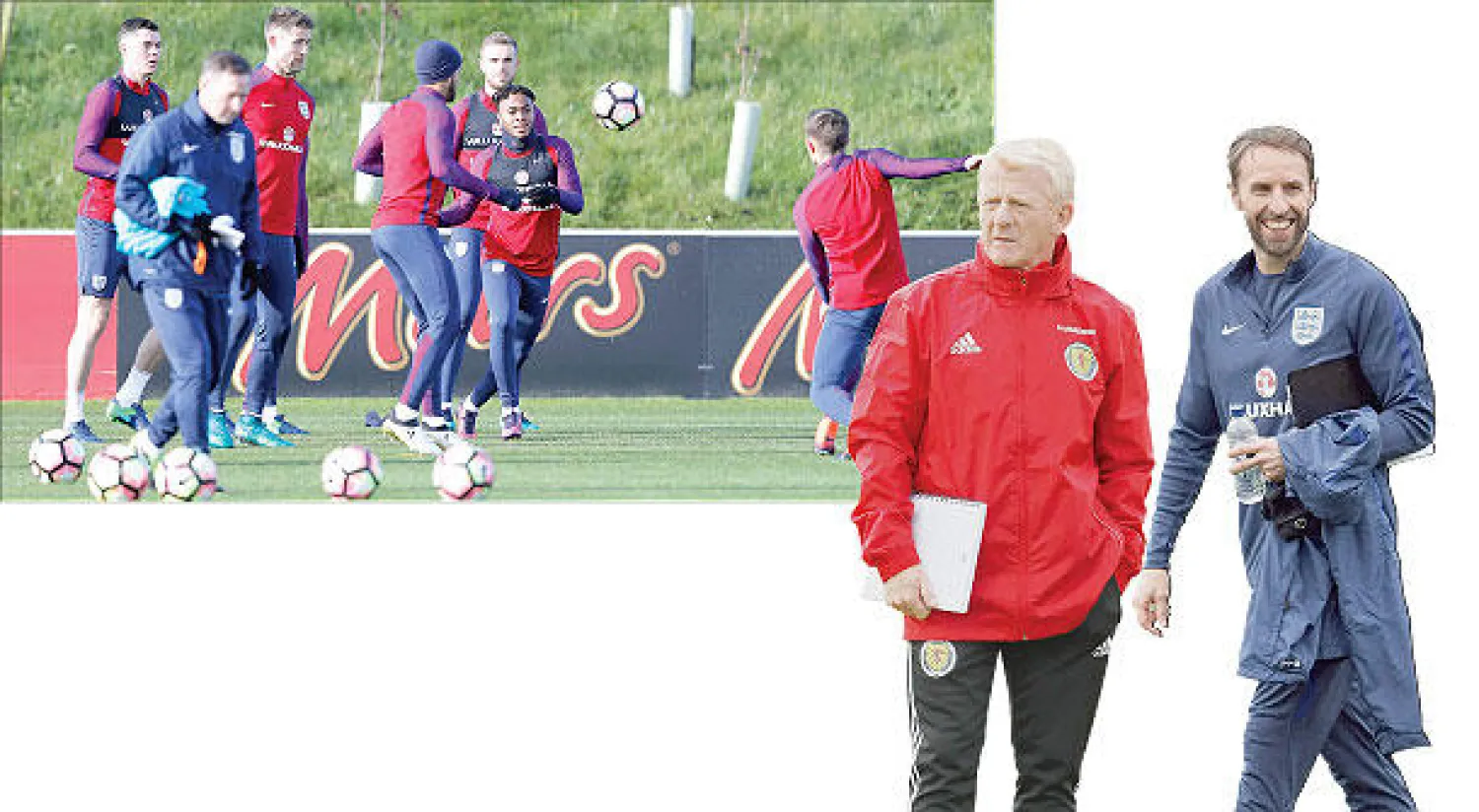 ساوثغيت ينتظر لقاء سيحسم مصيره في تدريب إنجلترا (أ.ف.ب) - ستراكان يأمل قيادة اسكوتلندا للفوز لتفادي الإقالة - لاعبو إنجلترا خلال التدريبات أمس استعدادا لمواجهة اسكوتلندا الجار اللدود (رويترز)