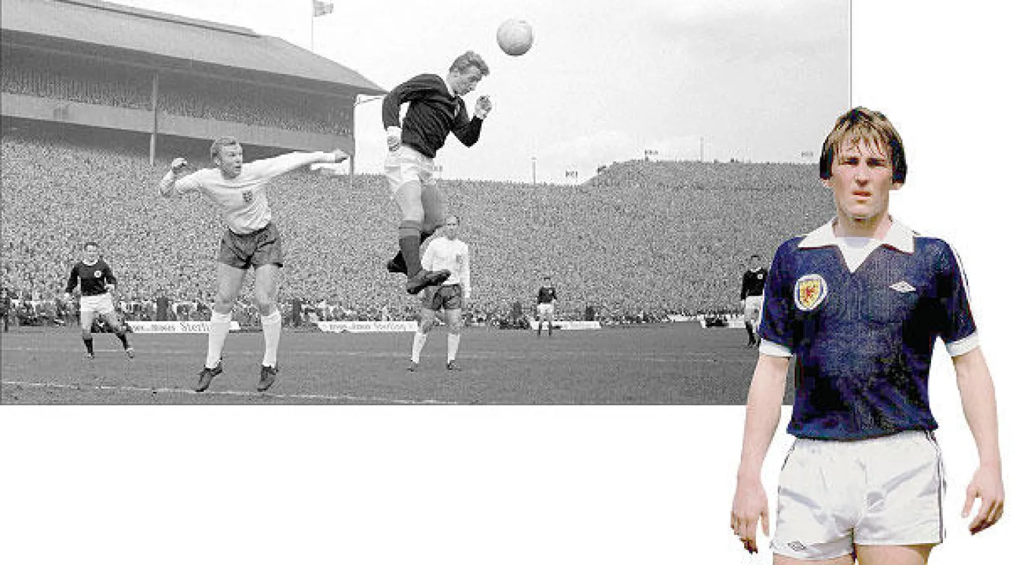 كيني دالغليش أحرز هدفي فوز اسكوتلندا على إنجلترا قبل التأهل لمونديال 1978 - بولي مور (يمين) ودينيس لو في المواجهة بين إنجلترا واسكوتلندا في البطواة الوطنية عام 1966 ({الشرق الأوسط})