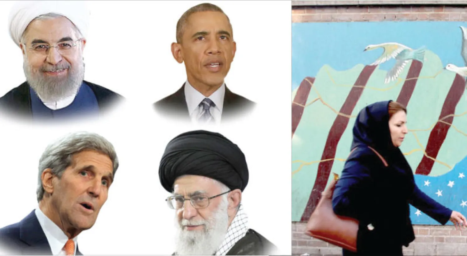 إيرانية تمر أمام حائط مقر السفارة الأميركية السابق في طهران (أ.ف.ب) - الرئيس الأميركي باراك أوباما ووزير الخارجية جون كيري والمرشد الإيراني علي خامنئي ورئيس جمهورية إيران حسن روحاني