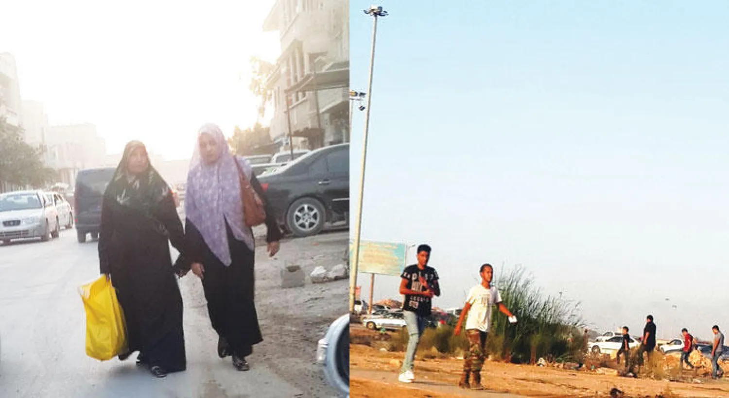 مظاهر الحياة تعود إلى بنغازي.. وفي الصورة شبان قرب سوق السيارات في شرق المدينة («الشرق الأوسط»)  -  ليبيتان تتجولان في السوق التجاري في بنغازي بعد طرد الجيش للمتطرفين من أغلب ضواحي المدينة («الشرق الأوسط»)