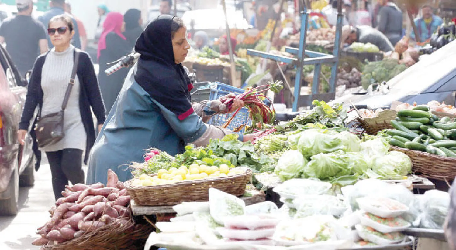 مصرية تبتاع حاجياتها من الخضار من سوق شعبية بالدقي في الجيزة أحد أحياء القاهرة (إ.ب.أ)