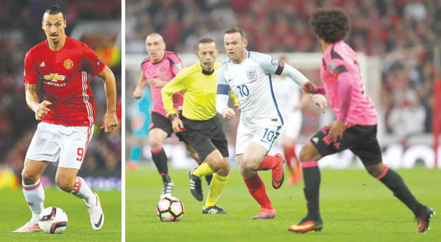 روني بقميص إنجلترا يحاول اختراق دفاع اسكوتلندا قبل شكوى بركبته (أ.ف.ب)  -   إبراهيموفيتش دخل تاريخ أرقام الدوري الإنجليزي (أ.ف.ب)