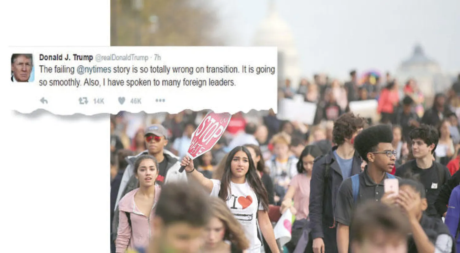 تلاميذ يشاركون في مظاهرة ضد انتخاب دونالد ترامب في واشنطن أول من أمس (رويترز)  -  دونالد ترامب يرد على الانتقادات في تغريدة (مواقع التواصل)