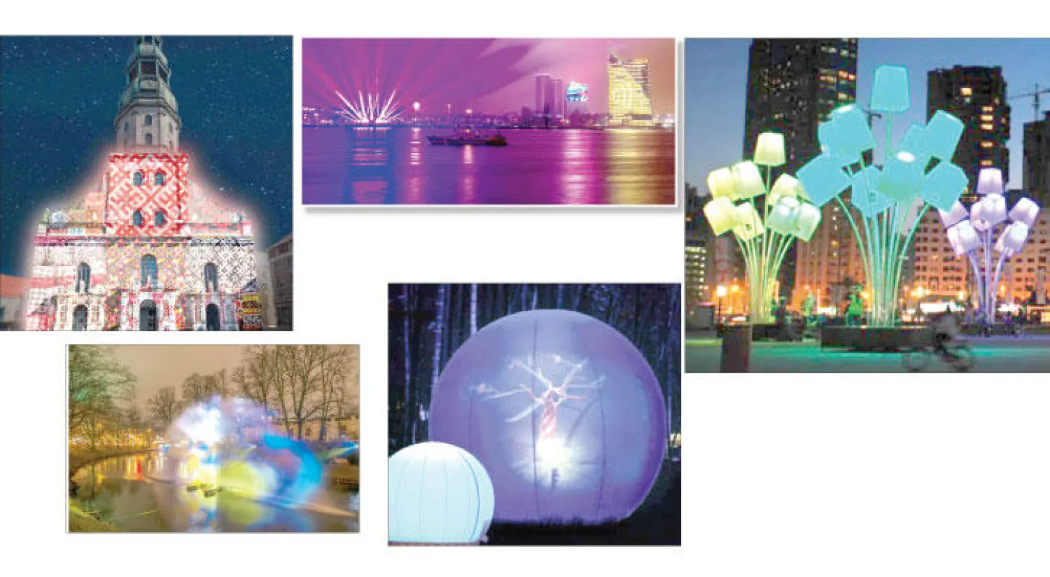 مجسمات لزهور عملاقة في ساحات المدينة لبث البهجة في النفوس خلال المهرجان  («الشرق الأوسط») - لوحات من نسيج تقليدي ترسمها الإضاءة الفنية على واجهات المباني في مهرجان «ريغا تشع نورًا» - بالونات مهرجان «ريغا تشع نورًا» ترسم الأمنيات بالإضاءة الملونة - جانب من الأنوار المميزة
