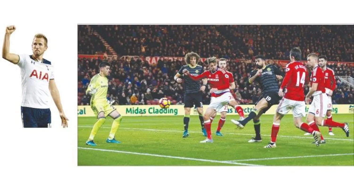 كوستا مهاجم تشيلسي (في الوسط) استغل ارتباك دفاع ميدلزبره ليسجل هدف الفوز لفريقه (رويترز) - هاري كين أنقذ توتنهام (إ.ف.ب)