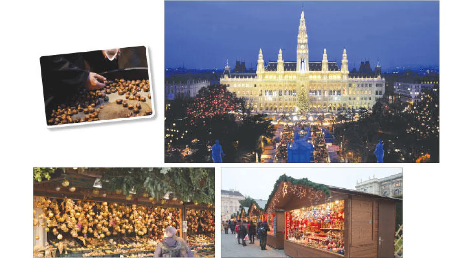 سوق «الراتهاوس» الأضخم في العاصمة النمساوية  والأشهر عالميا - الأسواق لا تخلو من الكستناء المشوي - أكواخ خشبية تقليدية تتحول لأكشاك تبيع  أهم مستلزمات موسم الأعياد في النمسا - الزينة التقليدية لتزيين الأشجار متوفرة في جميع أسواق الأعياد