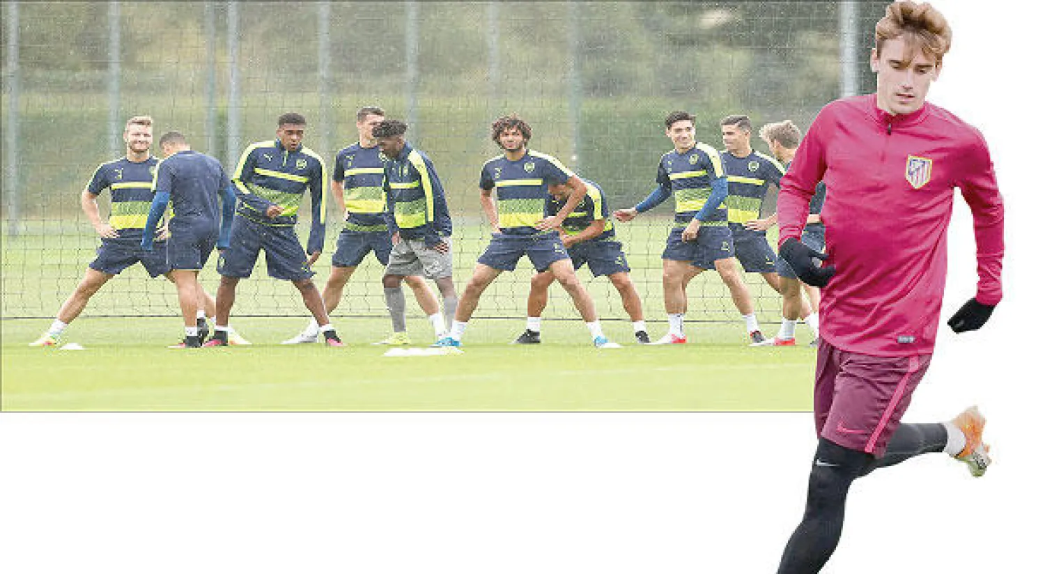 لاعبو آرسنال خلال التدريبات أمس استعدادا لمواجهة سان جيرمان (رويترز)