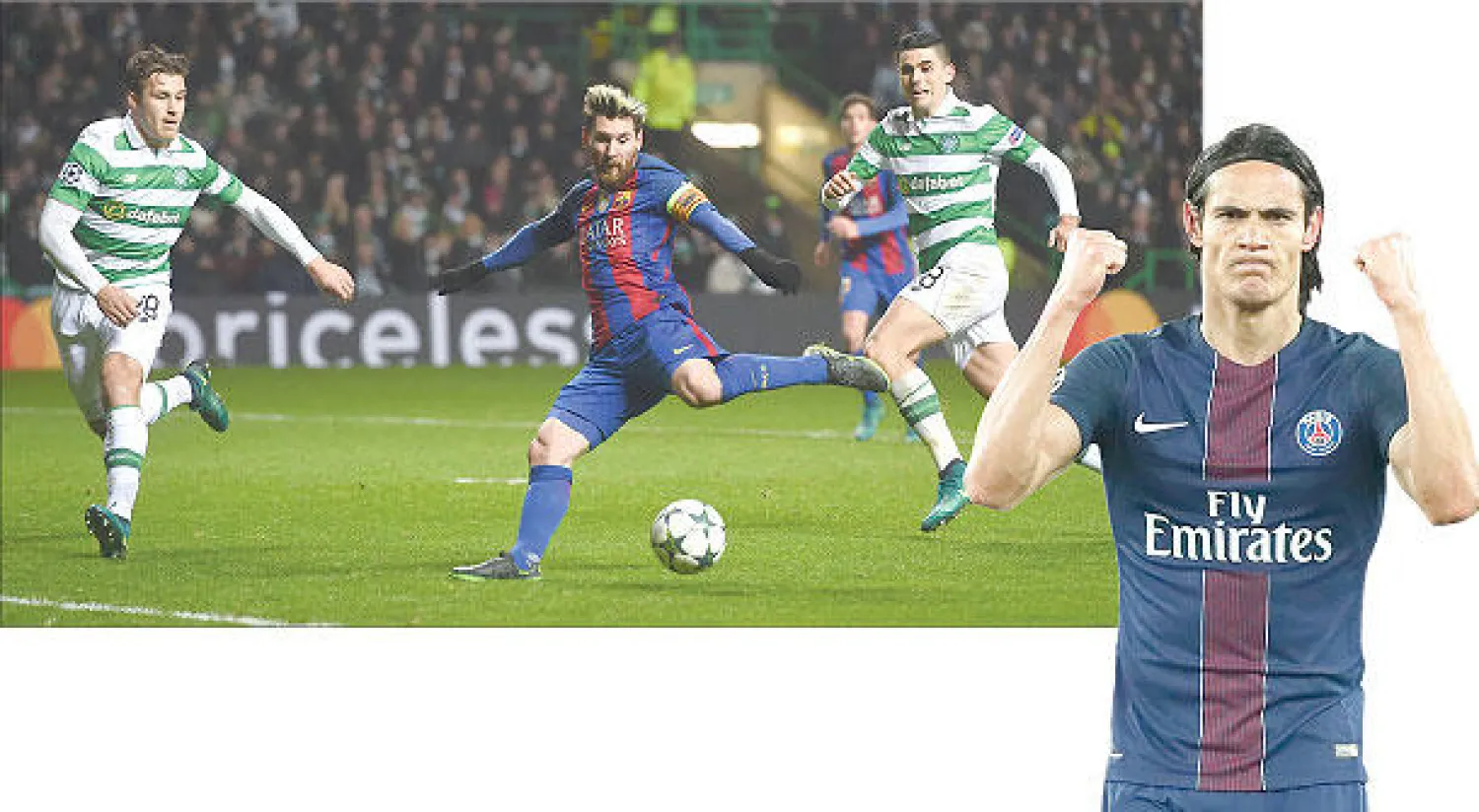 كافاني نجم سان جيرمان سجل هدفًا وأضاع الكثير أمام آرسنال  - ميسي يسدد نحو مرمى سلتيك ليمنح برشلونة التفوق (أ.ف.ب)