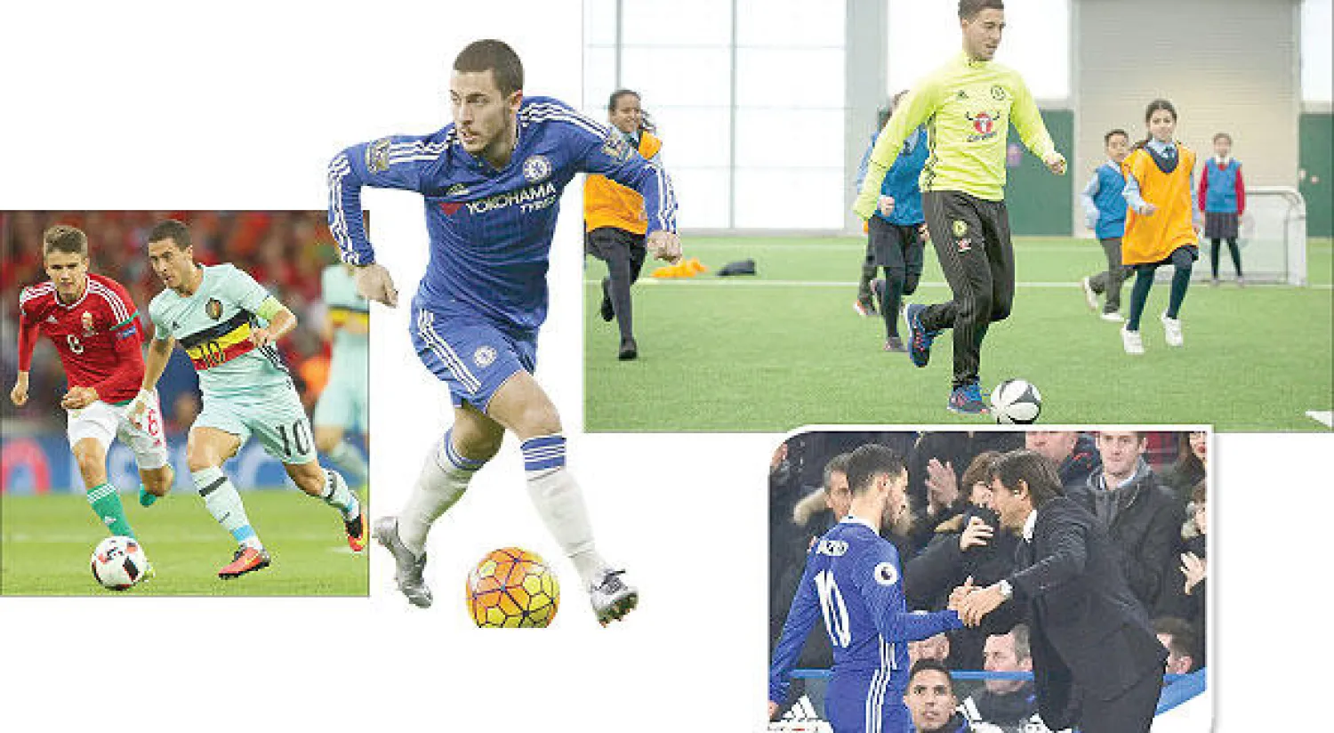 مستوى هازارد مع كونتي تغير عن الموسم الماضي - هازارد يستعرض مهاراته أمام أطفال إحدى المدارس بحي فولهام  - هازارد ترك بصمته في الدوري الإنجليزي  - كما تألق مع تشيلسي وضع هازارد بصمته الدولية («الشرق الأوسط»)